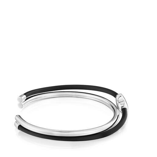 Pulsera esclava flor de plata y caucho Bold Motif