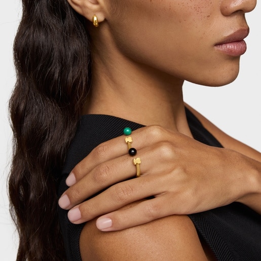 Gold-colored steel Open ring with malachite Icon Mesh