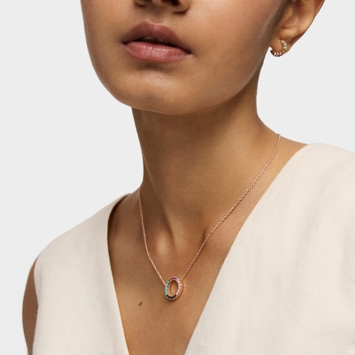 Straight disc Necklace in Rose Silver Vermeil with Gemstones