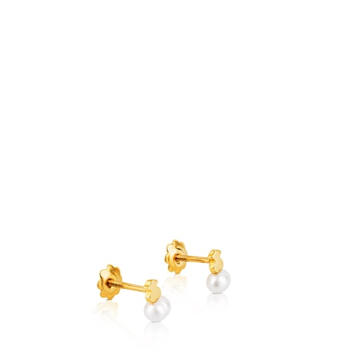 Boucles d’oreilles Puppies motif ourson en or avec perle de culture