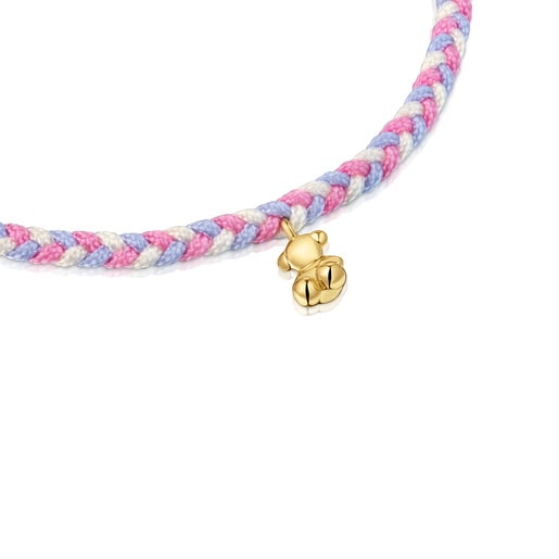 Pulsera oso con baño de oro 18 kt sobre plata y nylon rosa/blanco TOUS Motivos