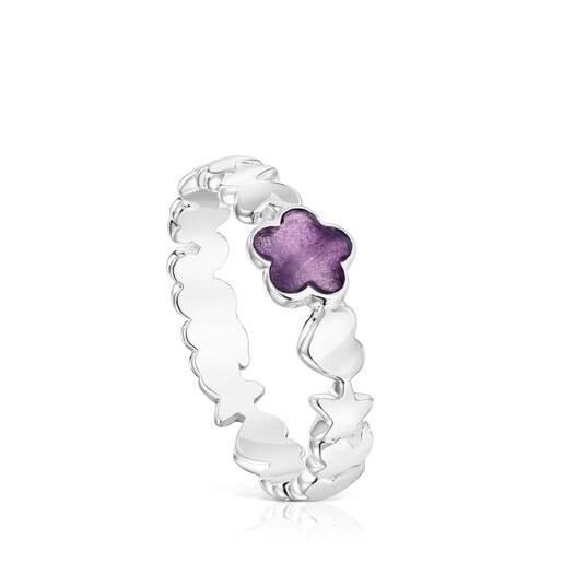 Silver Bold Motif Ring with an amethyst flower