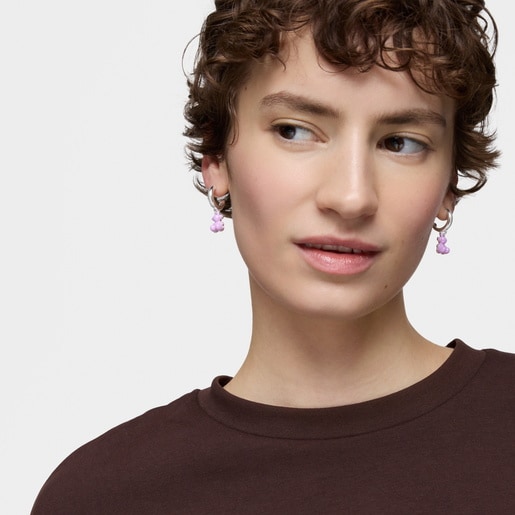 Aretes aro de plata con cerámica lila y doble oso Bold Bear
