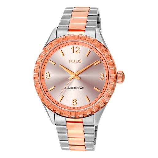 Two-tone rose gold-colored IP steel Tender Bear Watch with embossed bears