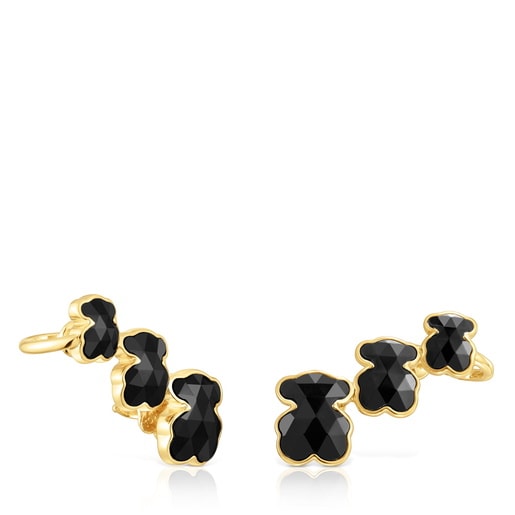 18kt gold plating over silver Climber earrings with onyx bear motifs TOUS Icon Color