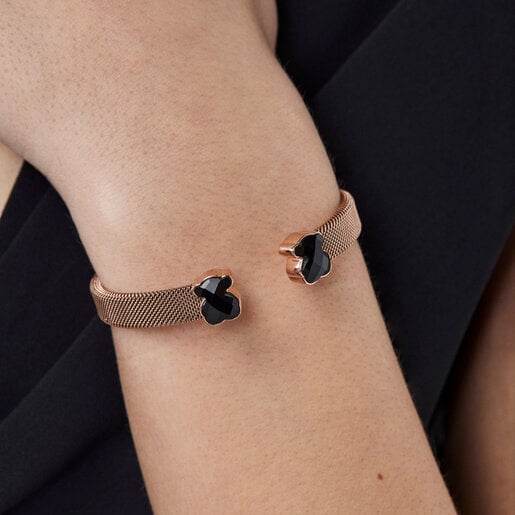 Rose IP Steel Mesh Color Bracelet with Onyx | TOUS