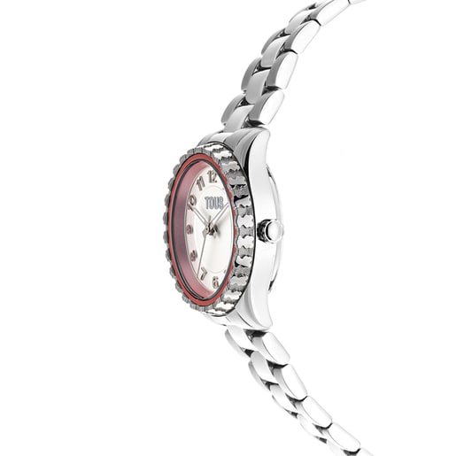 Reloj analógico con brazalete de acero y bisel interior de aluminio rosa Mini T-Bear