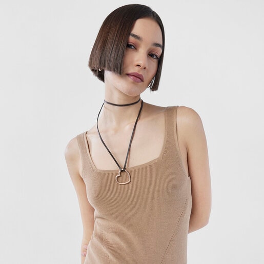 Long Hold heart necklace in Rose Vermeil and brown Leather