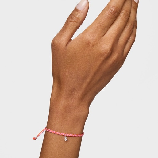 Pulsera oso de plata y nylon naranja/rosa TOUS Motivos