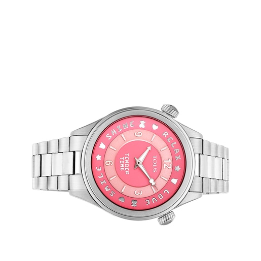 Reloj analógico Tender Time de acero inoxidable con esfera en rosa