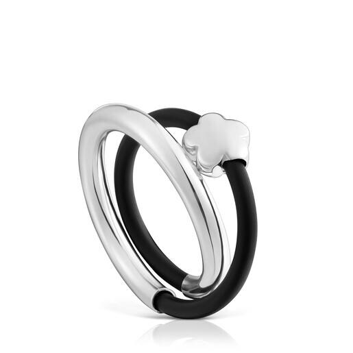 Anillo doble flor de plata y caucho Bold Motif