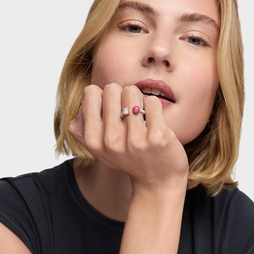 Anillo abierto de plata y rodonita Icon Mesh