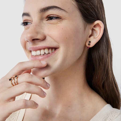 Short Motif Earrings in Rose Silver Vermeil with Spinels and Ruby