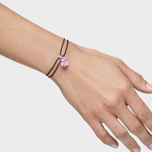 Pulsera doble oso de plata con cerámica lila y nylon negro Bold Bear