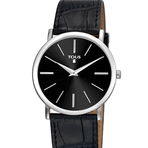 Steel Stous Watch with black Leather strap