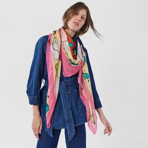 צעיף TOUS Magic Flowers מבד מודל בצבע בז'