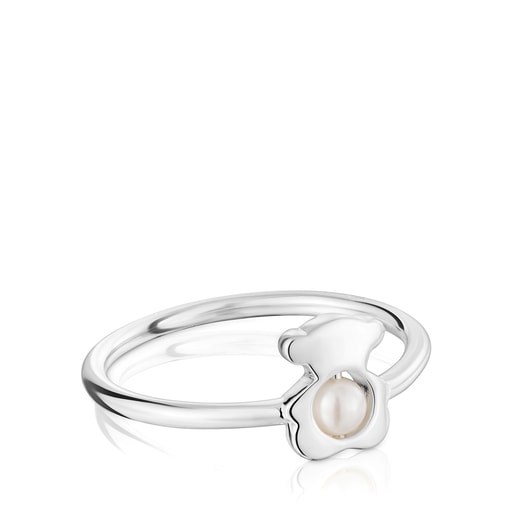 Small silver bear Ring with cultured pearl I-Bear