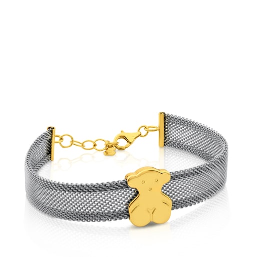 Bracciale in acciaio e oro motivo orsetto Icon Mesh da 1 cm