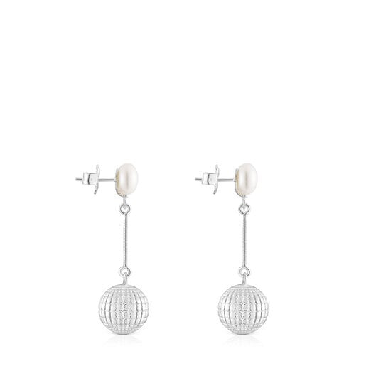 Silver St. Tropez Disco bear ball Earrings with cultured pearl 12 mm