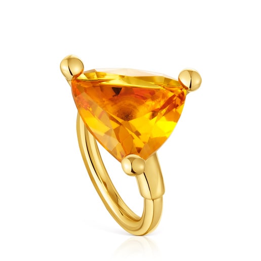Anillo grande con baño de oro 18 kt sobre plata y citrino creado en laboratorio TOUS Color LGG