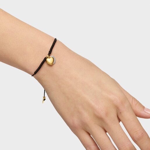 Pulsera doble corazón con baño de oro 18 kt sobre plata y nylon negro TOUS Flechazo