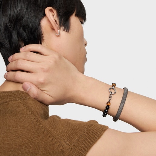 Pulsera de plata envejecida, ónix, ojo de tigre y anillas Hold Man