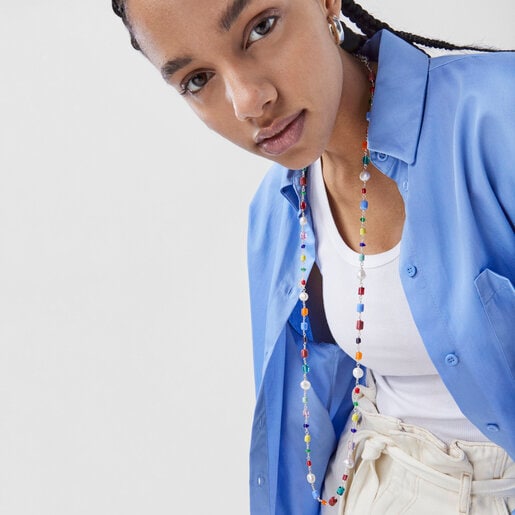 Long silver Oceaan Necklace with multicolored glass and pearls