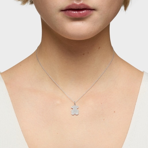 Collar corto oso de oro blanco con diamantes 16 mm Icon Gems