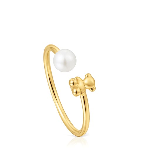 Anillo abierto oso de oro y perla cultivada Bold Bear