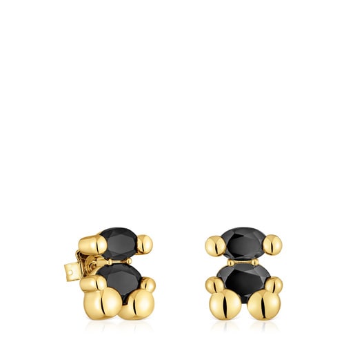 14 mm 18kt gold plating over silver with onyx bear motif Earrings Color Bear