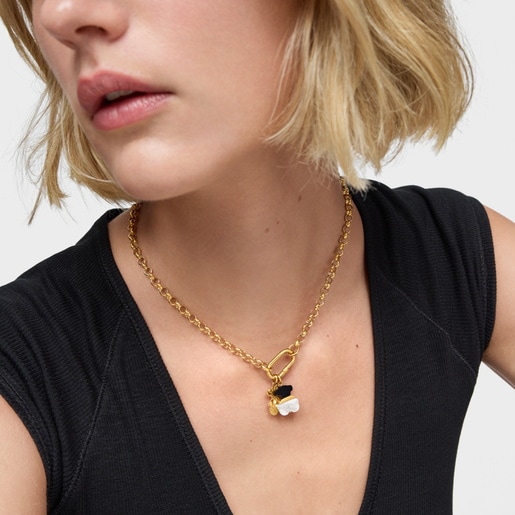 Dije con baño de oro 18 kt sobre plata, nácar y ónix 16 mm Sweet Dolls