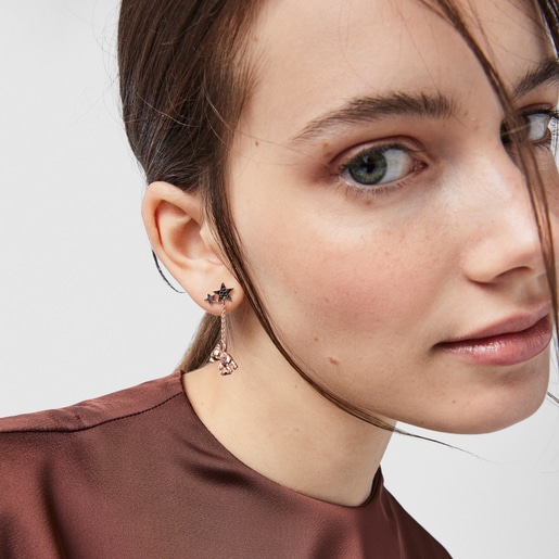 Boucles d’oreilles Teddy Bear Stars courte/longue en Argent vermeil rosé, Spinelle et Rubis
