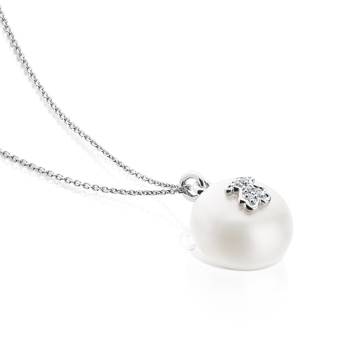 عقد TOUS Puppies من الذهب الأبيض مرصع بالألماس واللؤلؤ