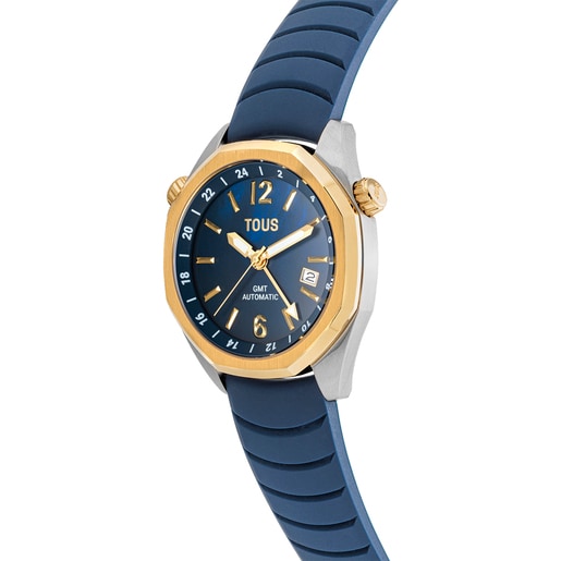 gmt automatic Watch with navy blue silicone strap, gold-colored IPG steel case and mother-of-pearl face TOUS Now