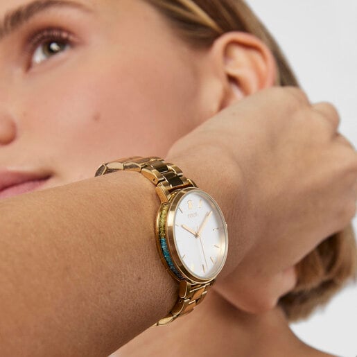 שעון Rond Color מפלדת IP בצבע זהב עם אבני זירקוניה בגוון כחול