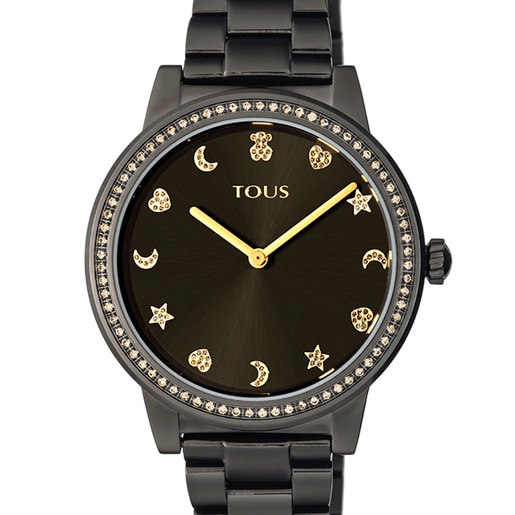 שעון אנלוגי Nocturne מפלדת IP שחורה עם מסגרת בשיבוץ אבני זירקון בצורת קובייה