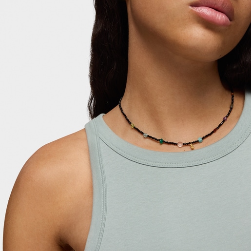 Bold Bear Choker with 18kt gold plating over silver, onyx, gemstones