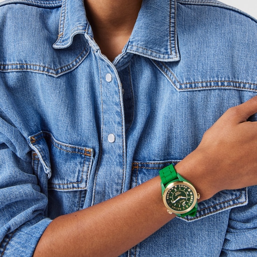 Montre Tender Time en acier IP doré avec bracelet en silicone vert