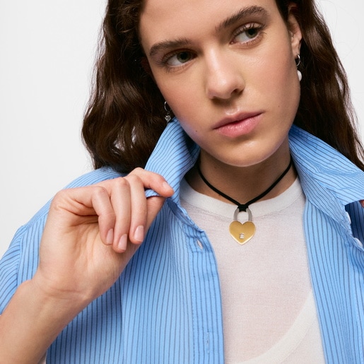 Two-tone steel heart and black cord Necklace TOUS Charming