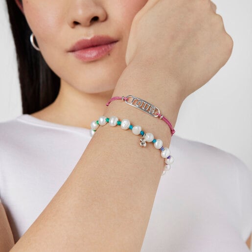 Pink nylon Bracelet with silver Logo | TOUS