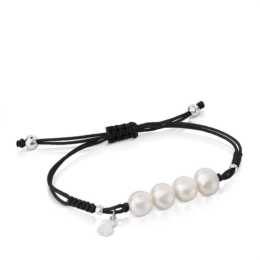 Bracciale TOUS Pearls in cordoncino nero, argento e perle