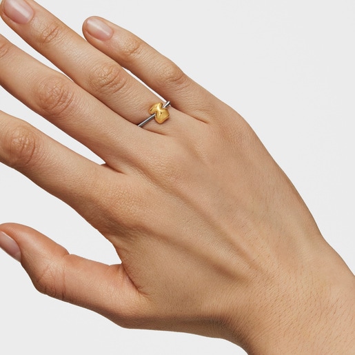 Mesh Tube small gold and steel bear Ring