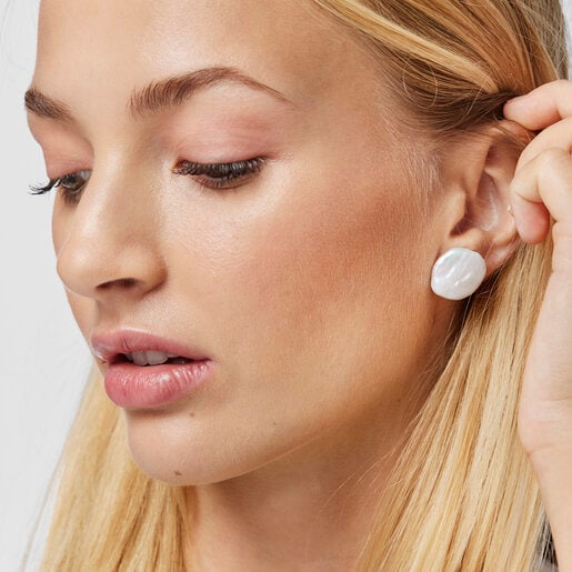 Small Silver Vermeil Nenufar petal Earrings with Pearl | TOUS