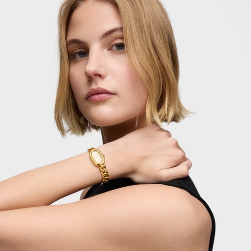 Analog jeweled Watch with gold-colored steel chain bracelet Oval Time
