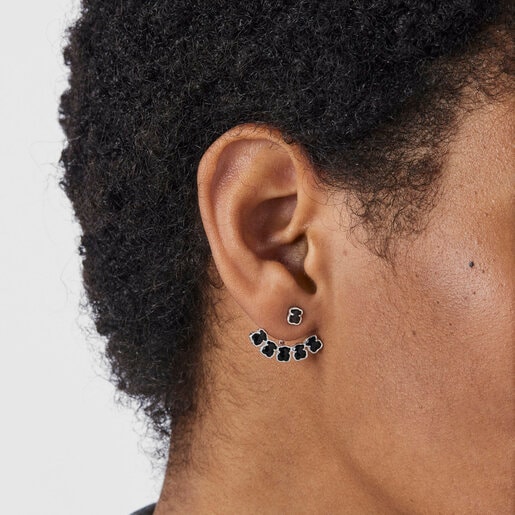 Short Mini Onix Earrings in Silver with six Onyx bears | TOUS