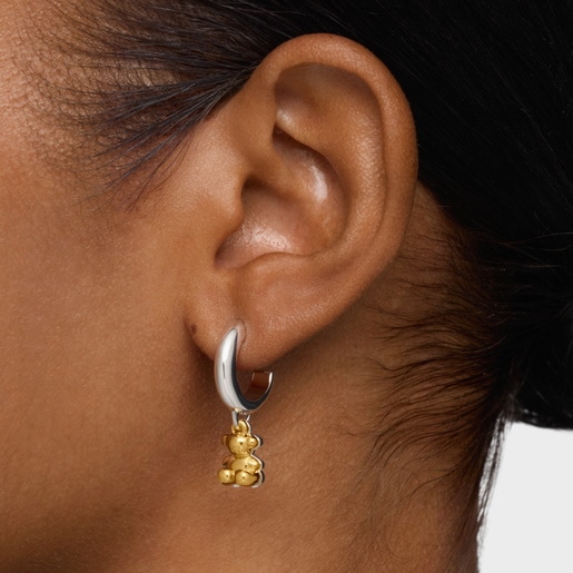 Pendientes de aro bicolor con doble oso Bold Bear