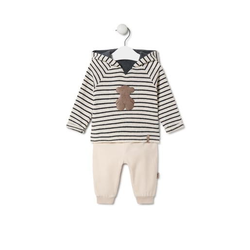 Boys outfit made from plain and striped fabrics in Black ecru