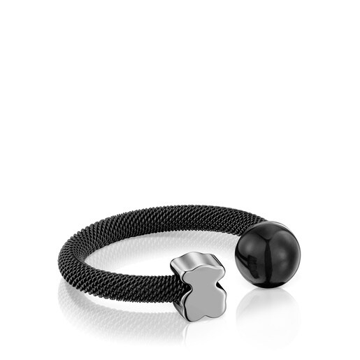 Black steel Open ring with falcon’s eye Icon Mesh