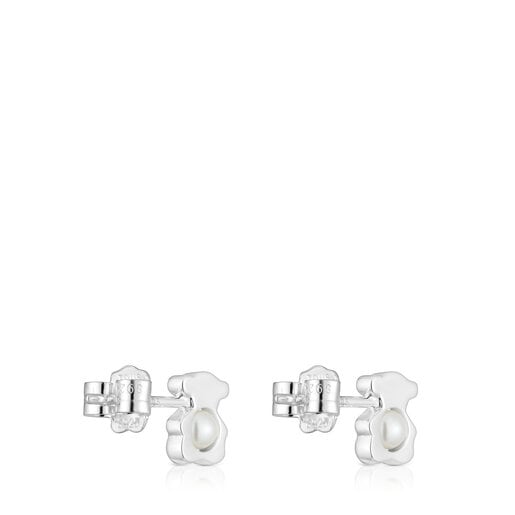 Small silver  mm bear Earrings with cultured pearls I-Bear
