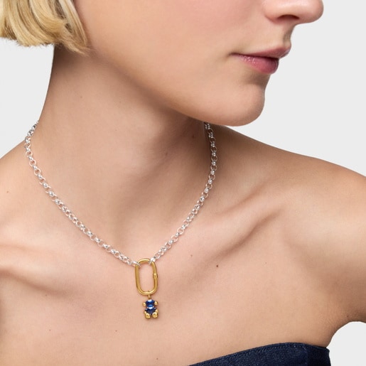 Colgante pequeño motivo oso con baño de oro 18 kt sobre plata y espinela azul creada en laboratorio Color Bear LGG